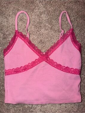Garage Pink Lace Trim Ribbed Cami Top